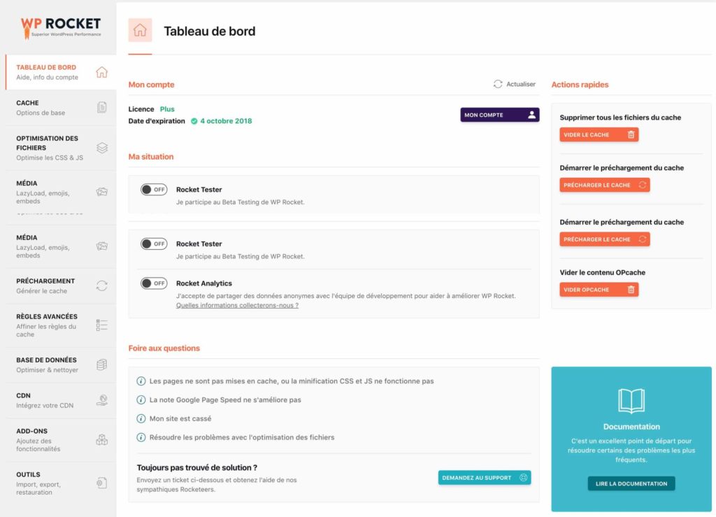 wp rocket dashboard
